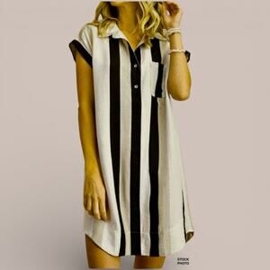 Kori America Striped Shirt Dress L Black Tan Ivory Button Front Pocket Knee
